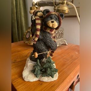Black Bear Skiing Figurine with Baby bear on shoulders